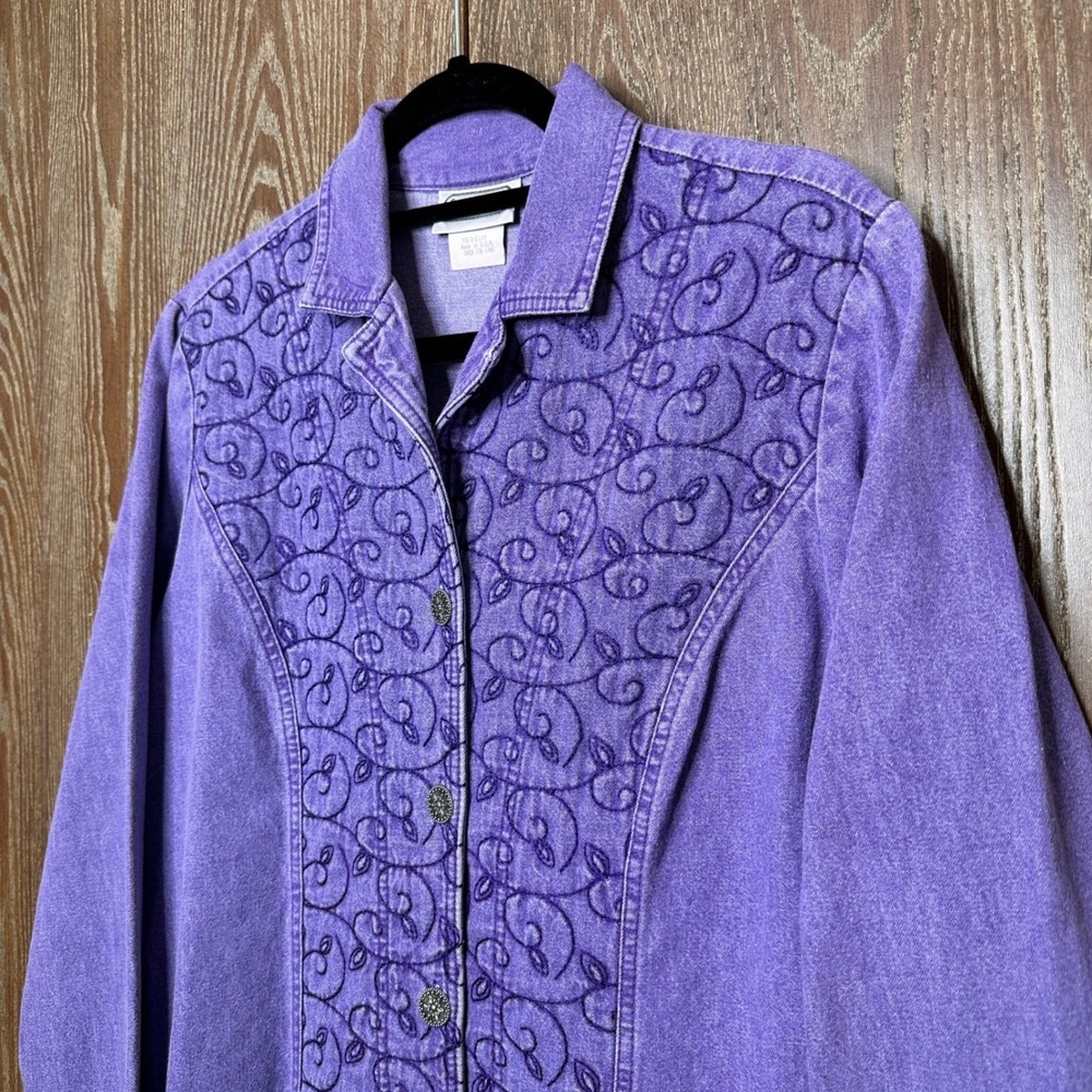 Vtg Purple Denim Saint Germain Paris Embroidered Leaf Jacket Womens M Cotton USA - Picture 2 of 8